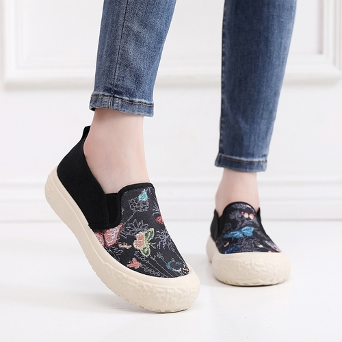 ETHNIC STYLE CLOTH SHOES - BLACK BUTTERFLY PRINT / S61 - SLIP-ON SHOES