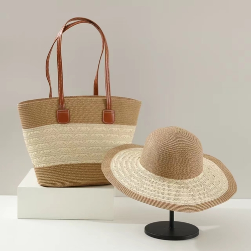 STRAW WOVEN TOTE  & HAT SET / K104 - STRAW WOVEN TOTE  & HAT SET