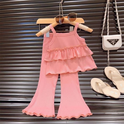 GIRL'S SPAGHETTI STRAP TOP AND FLARE PANTS - PINK K108 - SPAGHETTI STRAP TOP AND FLARE PANTS - PINK