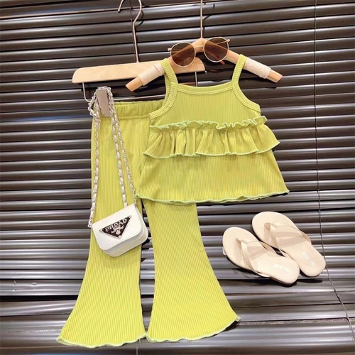 GIRL'S SPAGHETTI STRAP TOP AND FLARE PANTS - GREEN K108 - SPAGHETTI STRAP TOP AND FLARE PANTS - GREEN