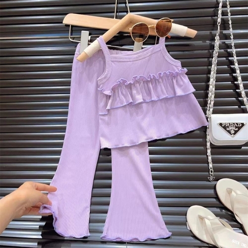GIRL'S SPAGHETTI STRAP TOP AND FLARE PANTS - PURPLE K108 - SPAGHETTI STRAP TOP AND FLARE PANTS - PURPLE