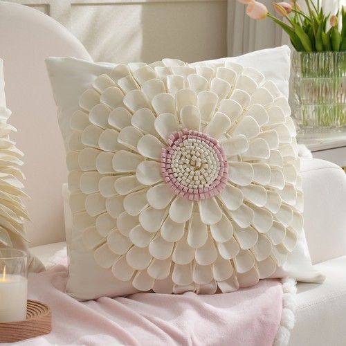 SQUARE THROW PILLOW - SUNFLOWER DESIGN 45*45CM / S791A - White and pink sunflower design Case with filler