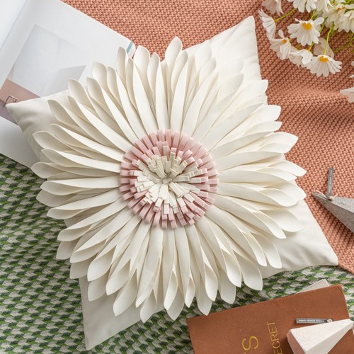 SQUARE THROW PILLOW -CHRYSANTHEMUM DESIGN 45*45CM /S791B - White and pink chrysanthemum design Case with filler