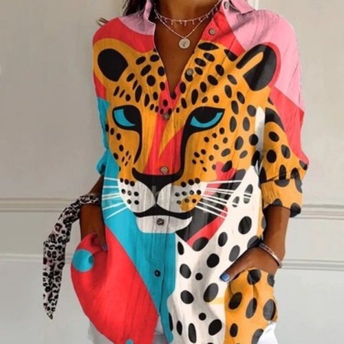 WOMEN’S CASUAL POLYESTER SHIRT / S861B - Multicolored leopard print button-down shirt