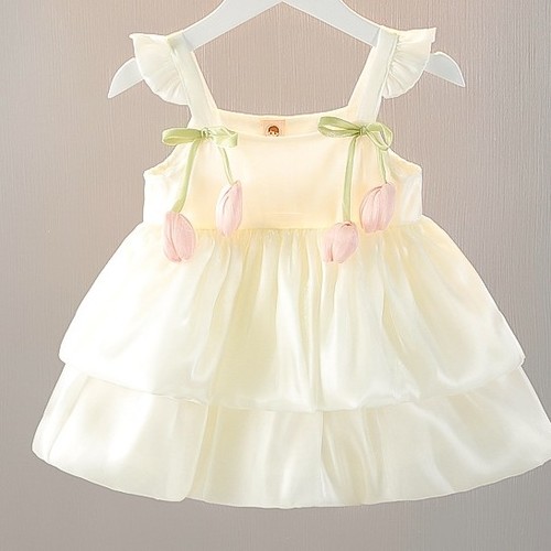BABY GIRL RUFFLE SLEEVELESS TULLE DRESS / WHITE S807 - off-white dress with green ribbons and pink tulip-like embellishments.