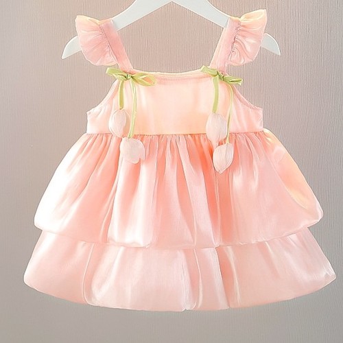 BABY GIRL RUFFLE SLEEVELESS TULLE DRESS / PINK S807 - BABY GIRL RUFFLE SLEEVELESS TULLE DRESS / PINK