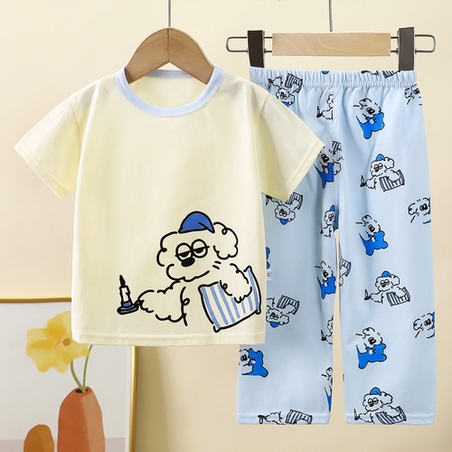 CHILDREN'S COTTON PAJAMA SET / DOG S808B - Color cream and blue pajama set