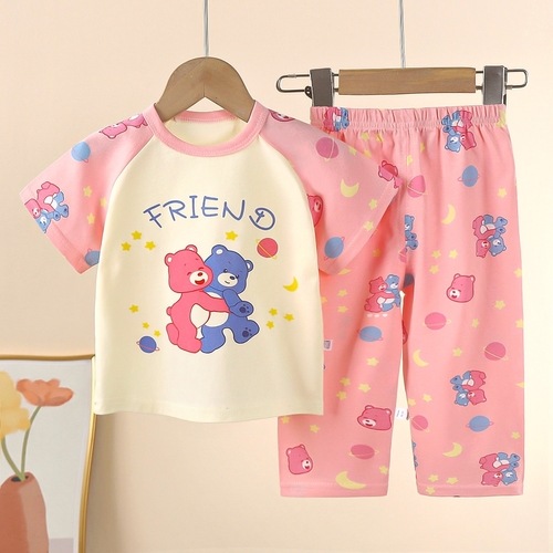 CHILDREN'S COTTON PAJAMA SET / BEAR FRIEND S808F - Color:cream Pink-bear friend