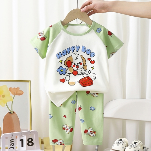 GIRL'S COTTON PAJAMA SET - S809D/S811U - Cream tshirt and green pajama
