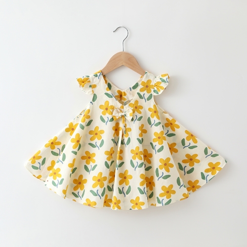 FLORAL DESIGN BABY GIRL DRESS-CREAM / S795C - Cream dress-floral yellow print