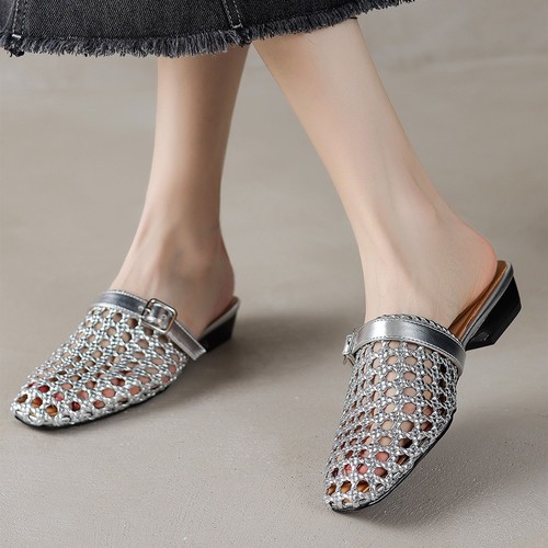 WOMEN'S GENUINE LEATHER SANDALS / SILVER S836 - Silver woven - buckle heeled mules