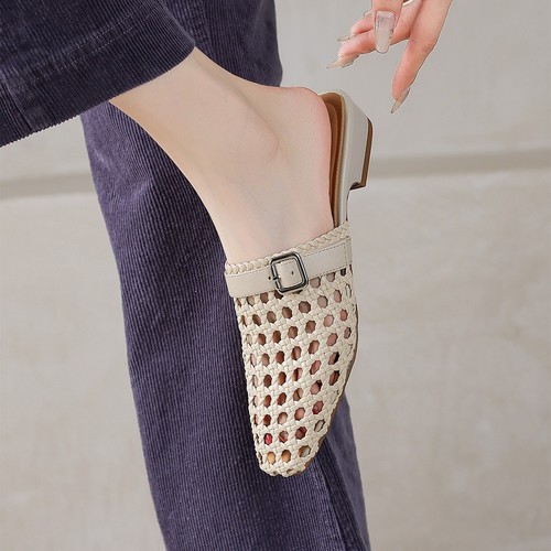 WOMEN'S GENUINE LEATHER SANDALS / OFF-WHITE S836 - White woven - buckle heeled mules