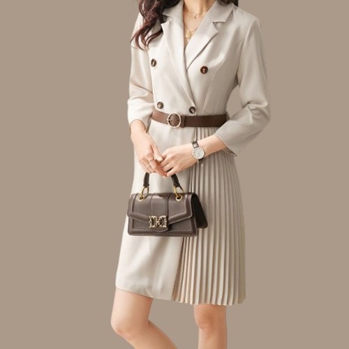 DOUBLE BREASTED SUIT PLEATED DRESS - BEIGE D0121 - Size: XLARGE