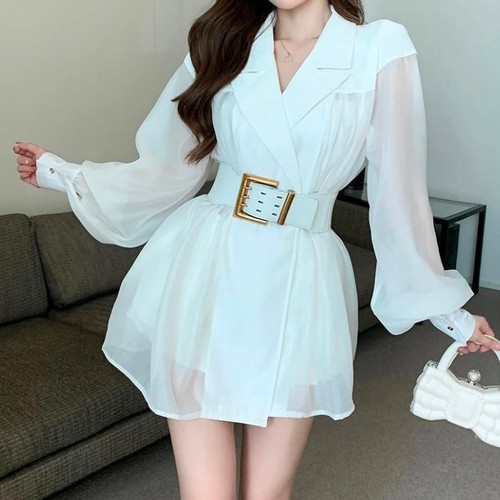 WHITE LONG-SLEEVED, BLAZER-STYLE MINI DRESS D0122 - Style: Korean fashion, suitable for summer wear One size