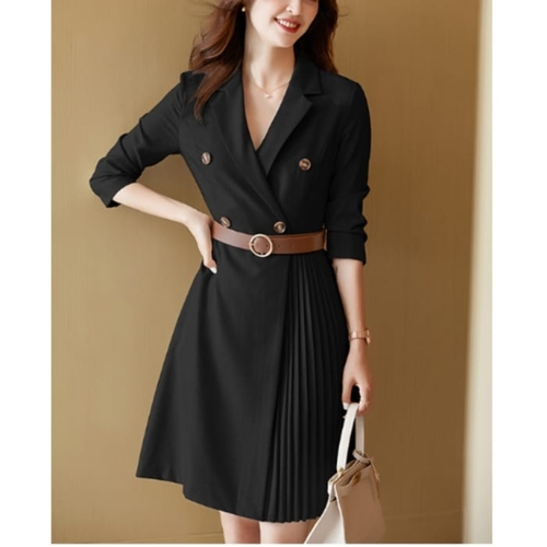 DOUBLE BREASTED SUIT PLEATED DRESS - BLACK D0124 - DOUBLE BREASTED SUIT PLEATED DRESS - BLACK