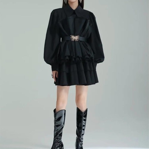 BLACK LONG-SLEEVED MINI DRESS WITH A BLACK BELT D0129 - BLACK LONG-SLEEVED MINI DRESS WITH A BLACK BELT Size: large