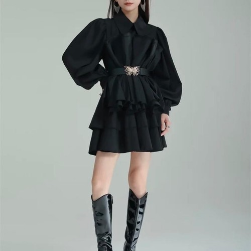 BLACK LONG-SLEEVED MINI DRESS WITH A BLACK BELT D0129