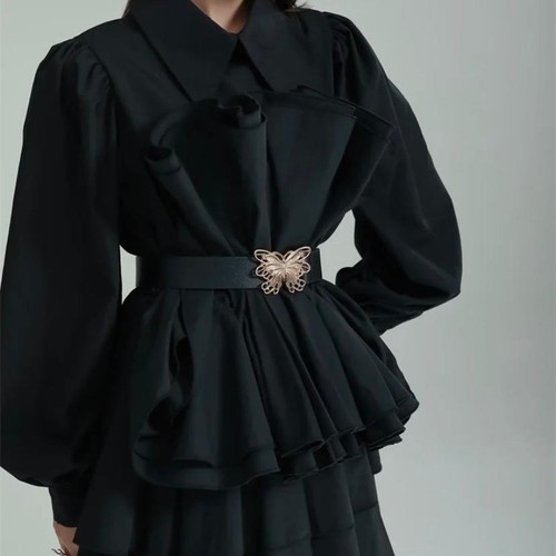 BLACK LONG-SLEEVED MINI DRESS WITH A BLACK BELT D0129