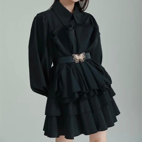 BLACK LONG-SLEEVED MINI DRESS WITH A BLACK BELT D0129