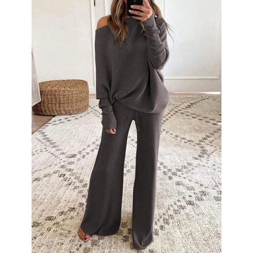 TWO-PIECE SET KNITTED LONG-SLEEVE TOP AND WIDE-LEG PANTS / DARK GRAY C100 - Knitted top and pants Color: Dark gray