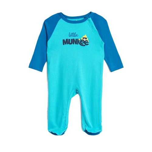 CHEEKEE MUNKEE BABY BOYS FOOTED SLEEPSUIT - BBPSB02A2 09 - Color description: the SLEEPSUIT is a bright light blue or cyan color with a darker blue raglan sleeves.