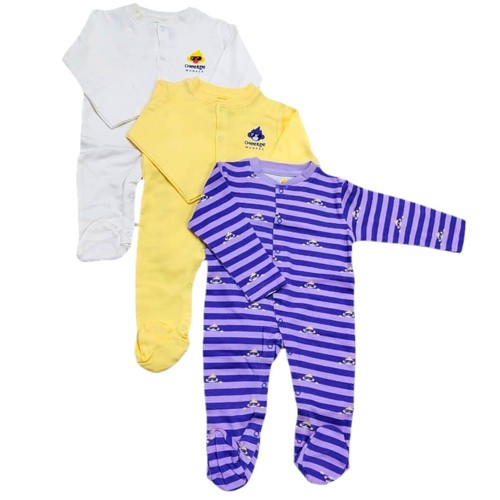 3-PIECE CHEEKEE MUNKEE SLEEPSUIT FOR BABY - BGPSC012A 44 - Color: 1pc purple, 1pc yellow, 1pc white