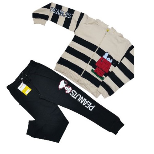 PEANUTS PAJAMA SET - BB096/BB097 - Two-tone hooded jacket and black jogger pants. Design:with embroided peanut text and graphic image.