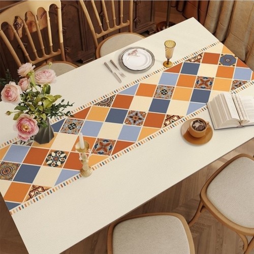 RECTANGULAR DINING PLACEMAT WATERPROOF HEAT INSULATION PVC MATERIAL 140*70CM F333-5 - Multicolored, geometric pattern-harlequin or argyle style with decorative medallions.