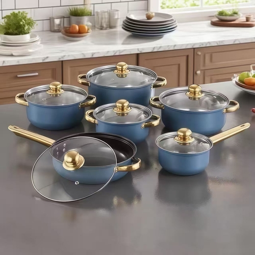 STAINLESS STEEL POT AND PAN SET / BLUE S844 - SIX-PIECE STAINLESS STEEL COOKWARE SET.