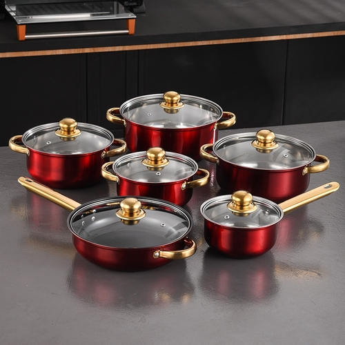 STAINLESS STEEL POT AND PAN SET / RED S844 - SIX-PIECE STAINLESS STEEL COOKWARE SET.