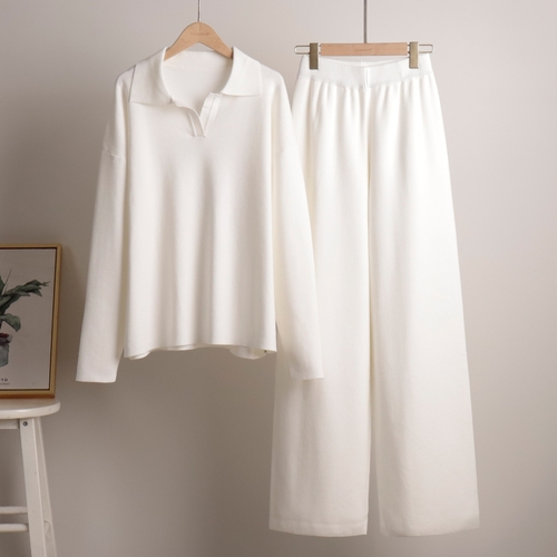WOMEN'S POLO COLLAR KNITTED PULLOVER AND WIDE-LEG PANTS / SET OF WHITE U357 - Color: white Size: Large