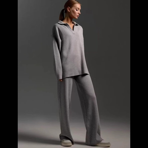 WOMEN'S POLO COLLAR KNITTED PULLOVER AND WIDE-LEG PANTS / SET OF GRAY U357 - Color: Gray Size: large