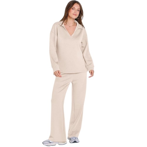 WOMEN'S LONG-SLEEVE TOP AND PANTS SET - BEIGE U392 - 100% POLYESTER COLOR: BEIGE