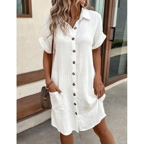 COTTON LINEN CASUAL DRESS  / WHITE C36 - Color: white