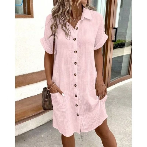COTTON LINEN CASUAL DRESS  / PINK C36 - Color: pink