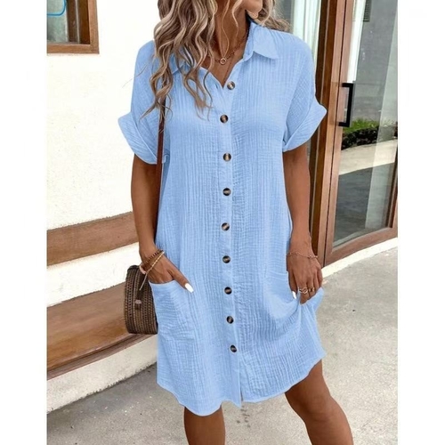 COTTON LINEN CASUAL DRESS  / BLUE C36 - Color: blue Size: medium