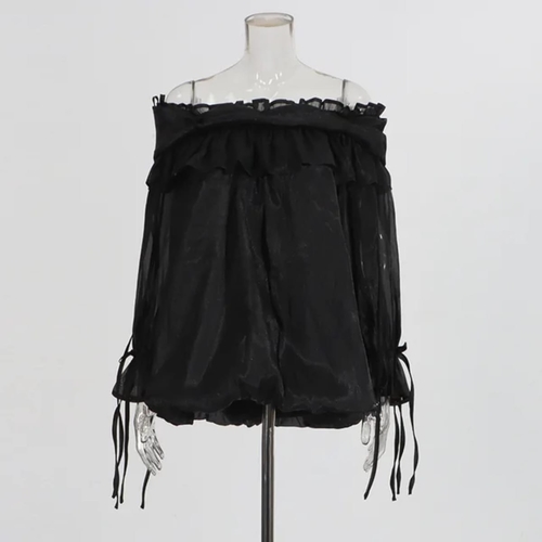 RUFFLED OFF-SHOULDER FLOUNCE SLEEVE BLOUSE / BLACK U401 - Color: black Lightweight chiffon  Size: large