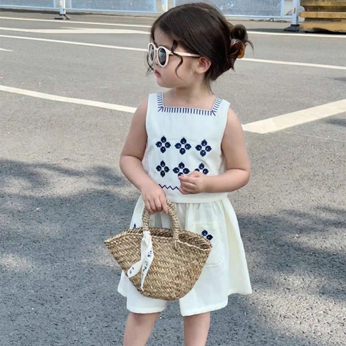 GIRL'S EMBROIDED VEST TOP AND SKIRT - APRICOT/ S204E - Color:apricot with blue embroidery