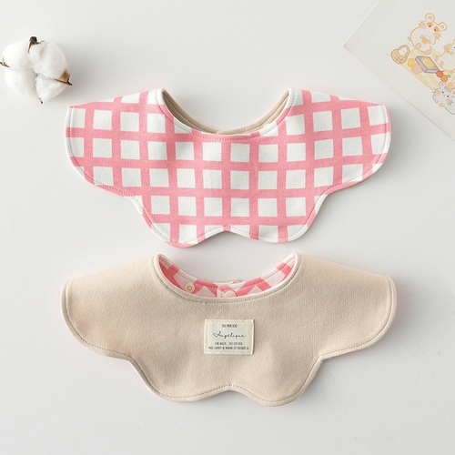 DOUBLE SIDED BABY BIB - PURE COTTON / PLAID PATTERN B05 - Pure cotton printed 360 rotating baby feeding bib.