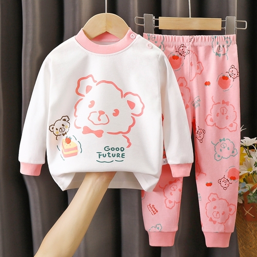 GIRL'S COTTON PAJAMA SET / U438D - White sweatshirt and pink pants. Print: bear