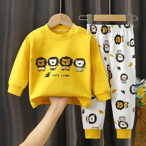 BOY'S COTTON PAJAMA SET / U438I - Yellow sweatshirt and white pants Print: cute lions