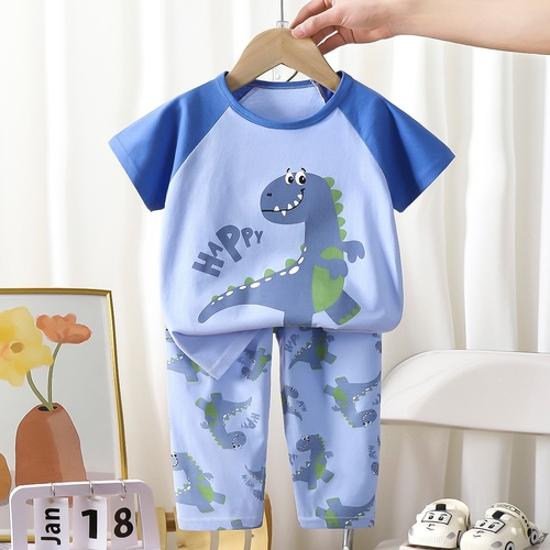 BOY'S COTTON PAJAMA SET / S811W - Set of blue Print: happy dino
