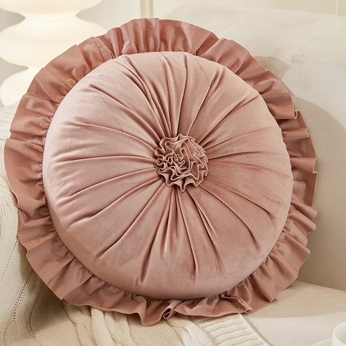ROUND THROW PILLOW WITH RUFFLE EDGES DESIGN 45CM S791M - Pink velvet throw pillow