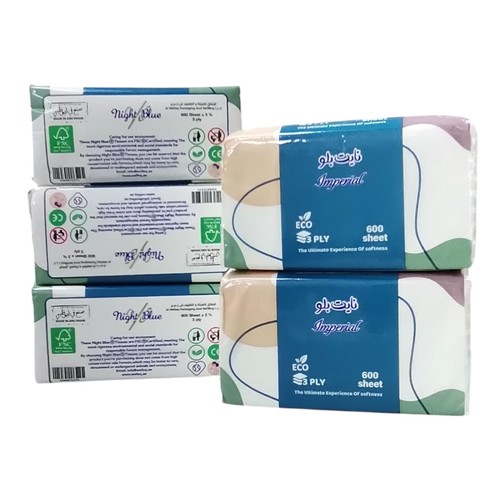 5-PIECE NIGHT BLUE FACIAL TISSUE BO374 - -Each pack contains 600sheets.  -the tissue are 3-ply for softness and strength.  -eco friendly -made in Abu Dhabi