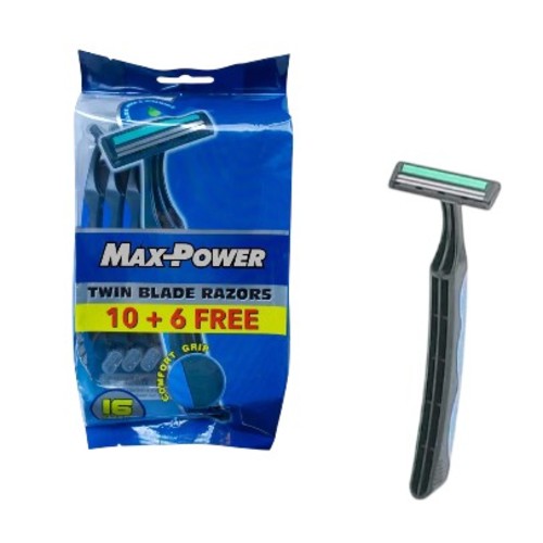 1 PACK MAX-POWER DISPOSABLE TWIN BLADE RAZOR FOR MEN 10+6 FREE BO384 - 10+6 FREE