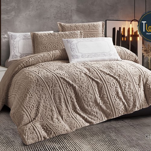 WINTER BROCADE FOR 2 PEOPLE 6PCS VELVET ON  BOTH SIDES SHEET 200×200 4 PILLOW FACE - BEIGE - K-FINLEN 02 BEIGE