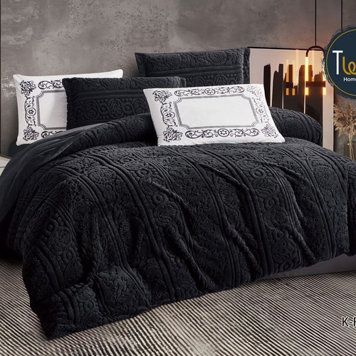 WINTER BROCADE FOR 2 PEOPLE 6PCS VELVET ON  BOTH SIDES SHEET 200×200 4 PILLOW FACE - BLACK - K-FINLEN 05 BLACK