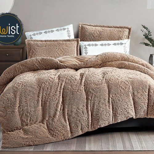 WINTER BROCADE FOR 2 PEOPLE 6PCS VELVET ON  BOTH SIDES SHEET 200×200 4 PILLOW FACE - BEIGE - K-TETER 04 BEIGE