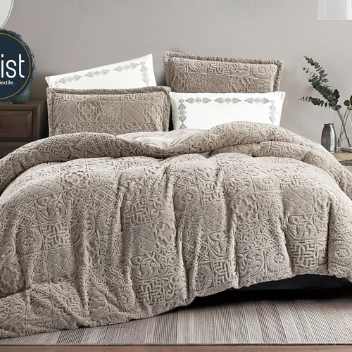 WINTER BROCADE FOR 2 PEOPLE 6PCS VELVET ON  BOTH SIDES SHEET 200×200 4 PILLOW FACE - KHAKI - K-TETER 03 KHAKI