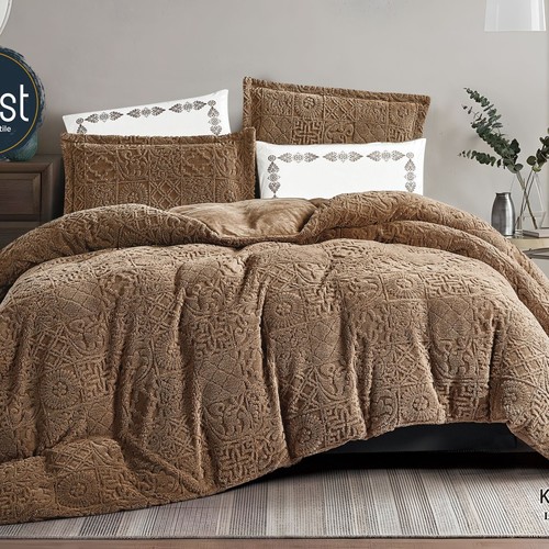 WINTER BROCADE FOR 2 PEOPLE 6PCS VELVET ON  BOTH SIDES SHEET 200×200 4 PILLOW FACE - LIGHT COFFEE - K-TETER 02 LIGHT COFFEE